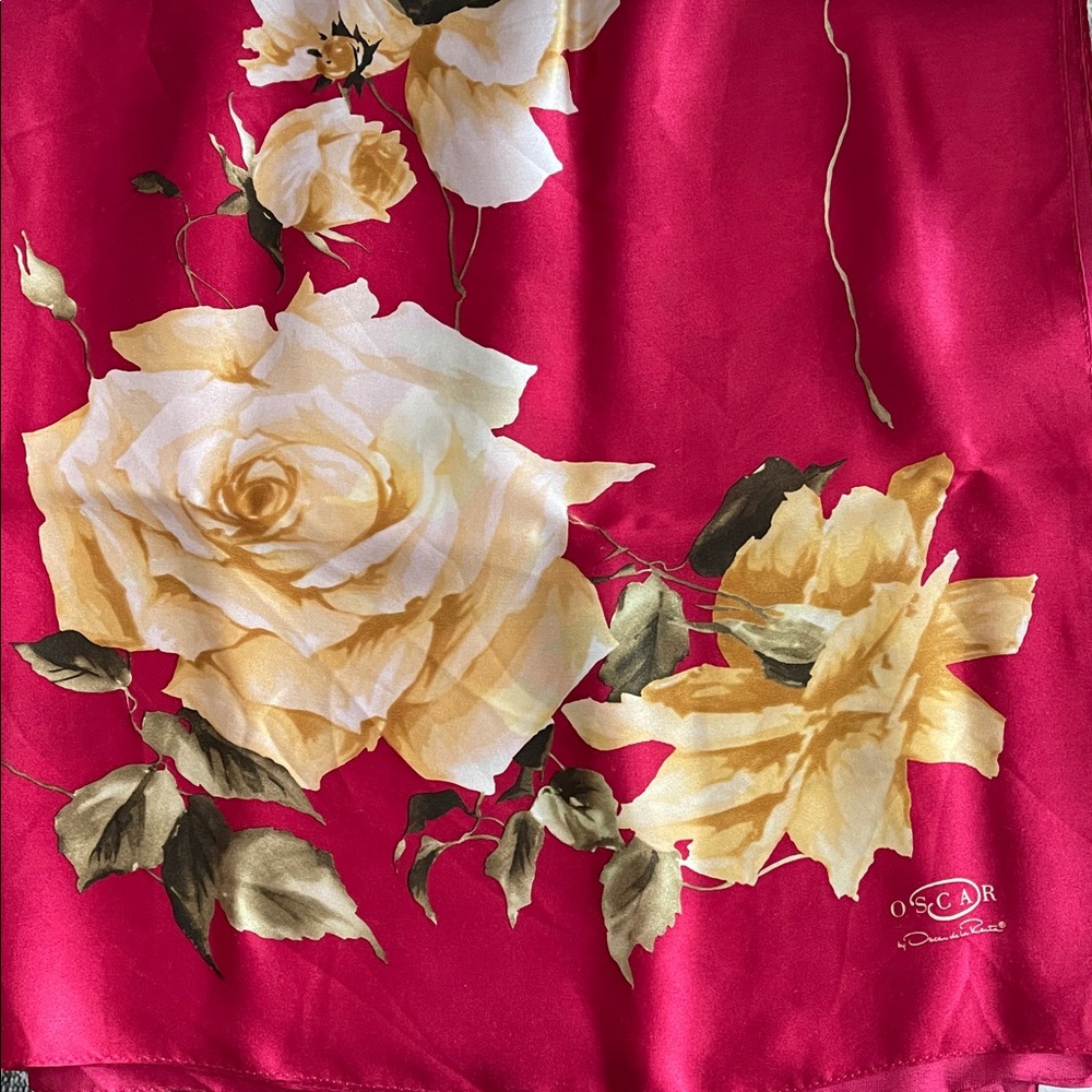 Vintage Oscar de la Renta red with yellow roses silk scarf